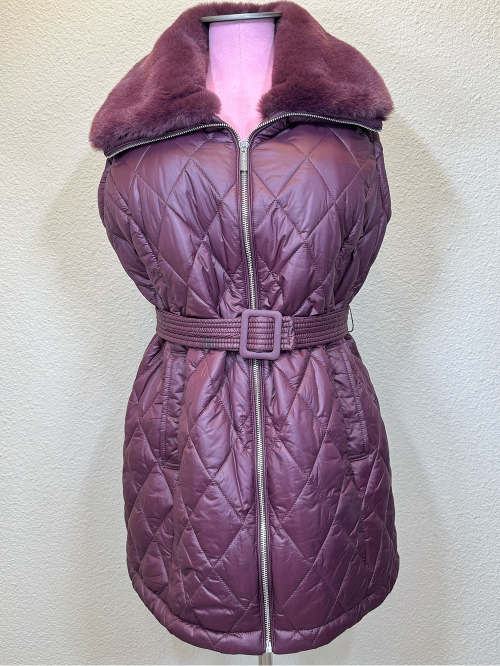 Calvin Klein Plum Quilted Long Vest Faux Fur Collar Belted Puffer Burgundy